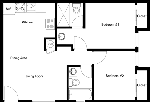 Floor plan for 2 beds, 2 baths, 650 sqft